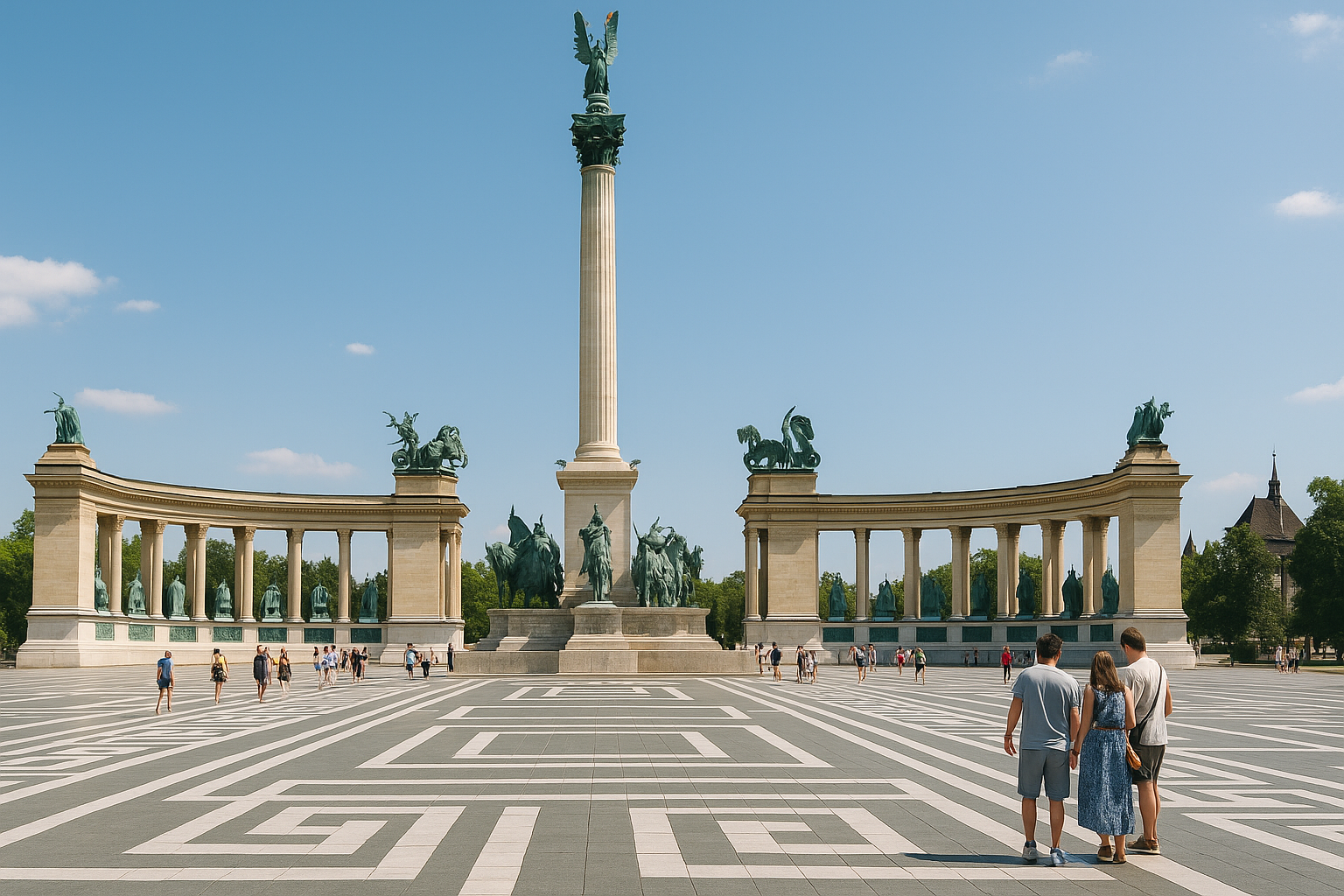 Heroes’ Square in Budapest with the Millennium Monument and colonnades, a major historical landmark in Hungary.