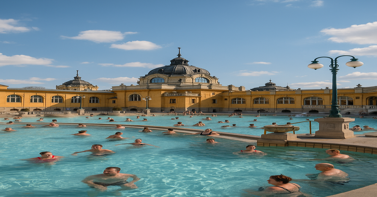 Visitors relaxing in the outdoor pools of Széchenyi Thermal Baths in Budapest, a famous Hungary travel attraction.
