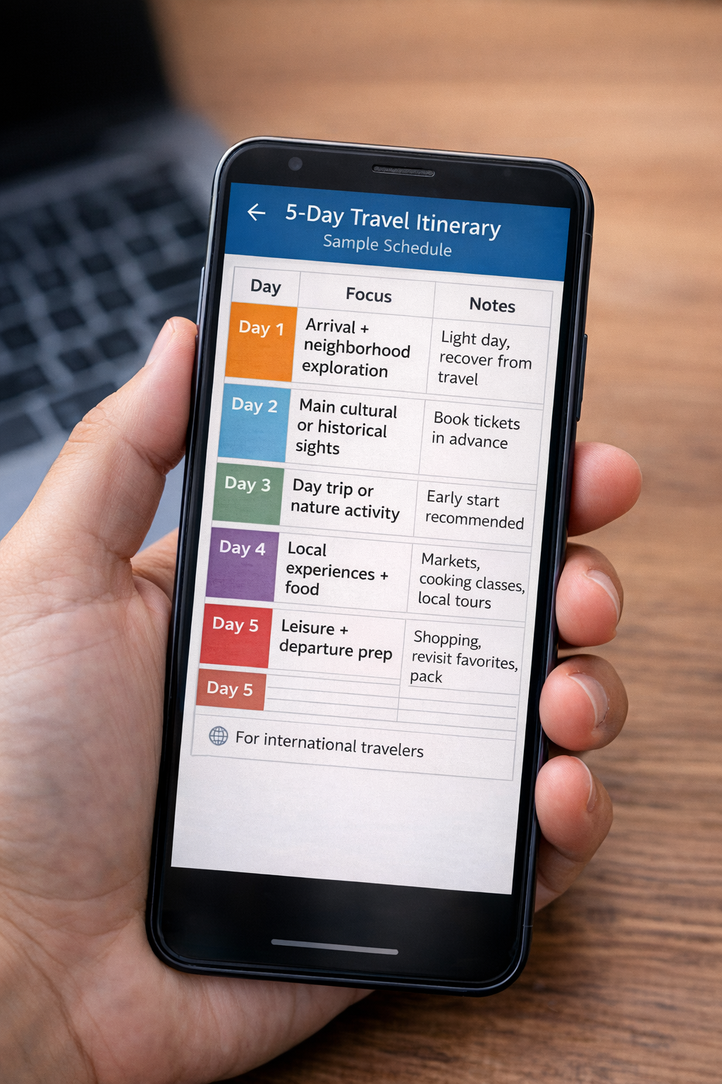 5-day travel itinerary sample schedule for international travelers