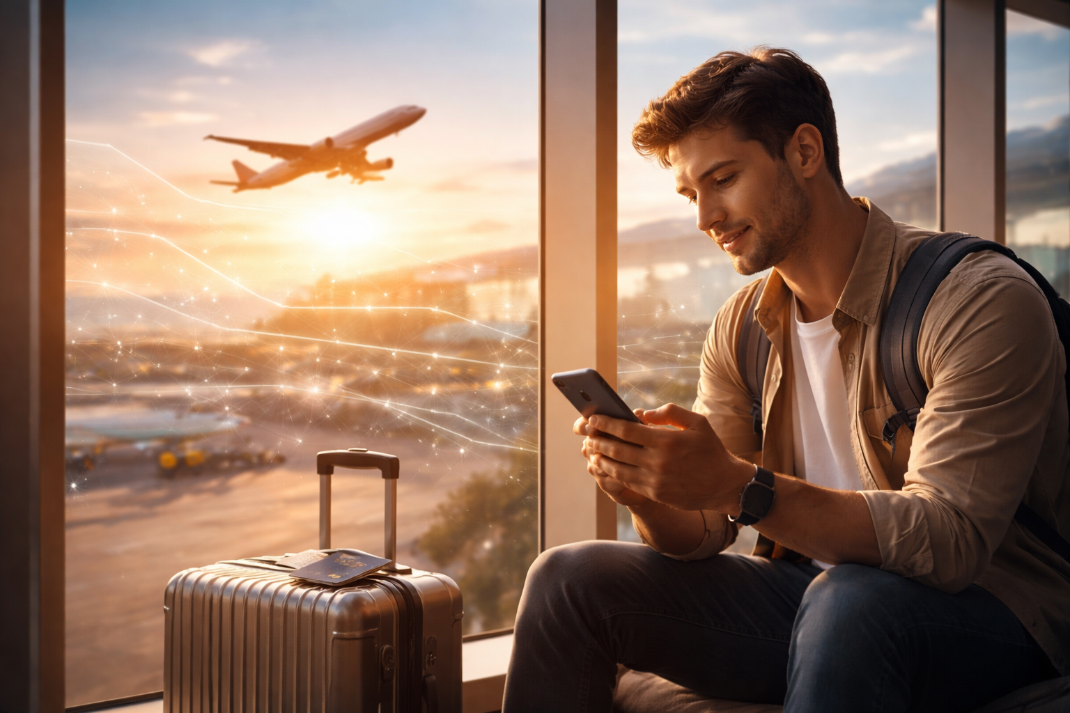 Traveler activating WoWo Sim eSIM on smartphone before international trip
