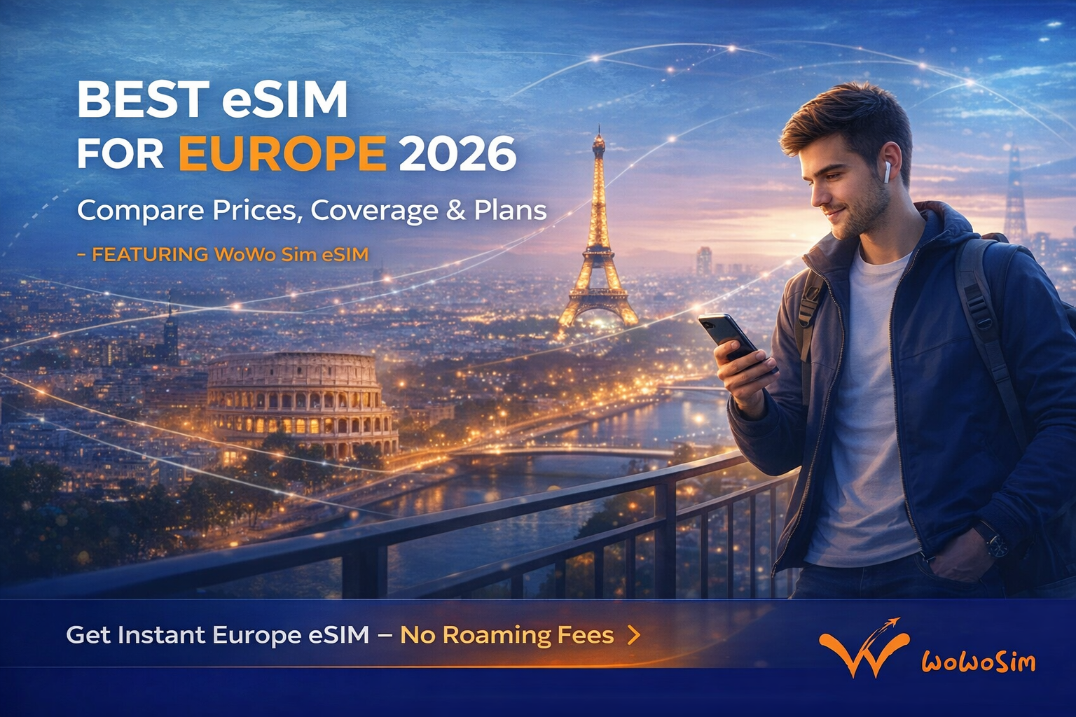 Best eSIM for Europe 2026 comparison showing traveler using fast mobile internet across European cities