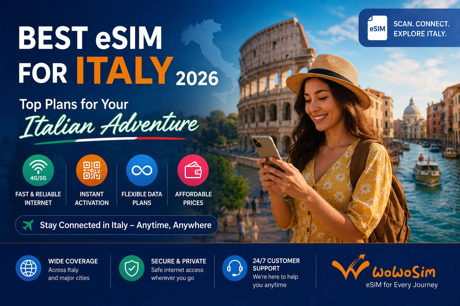 Couple staying connected with best eSIM for Italy 2026 while visiting the Colosseum in Rome