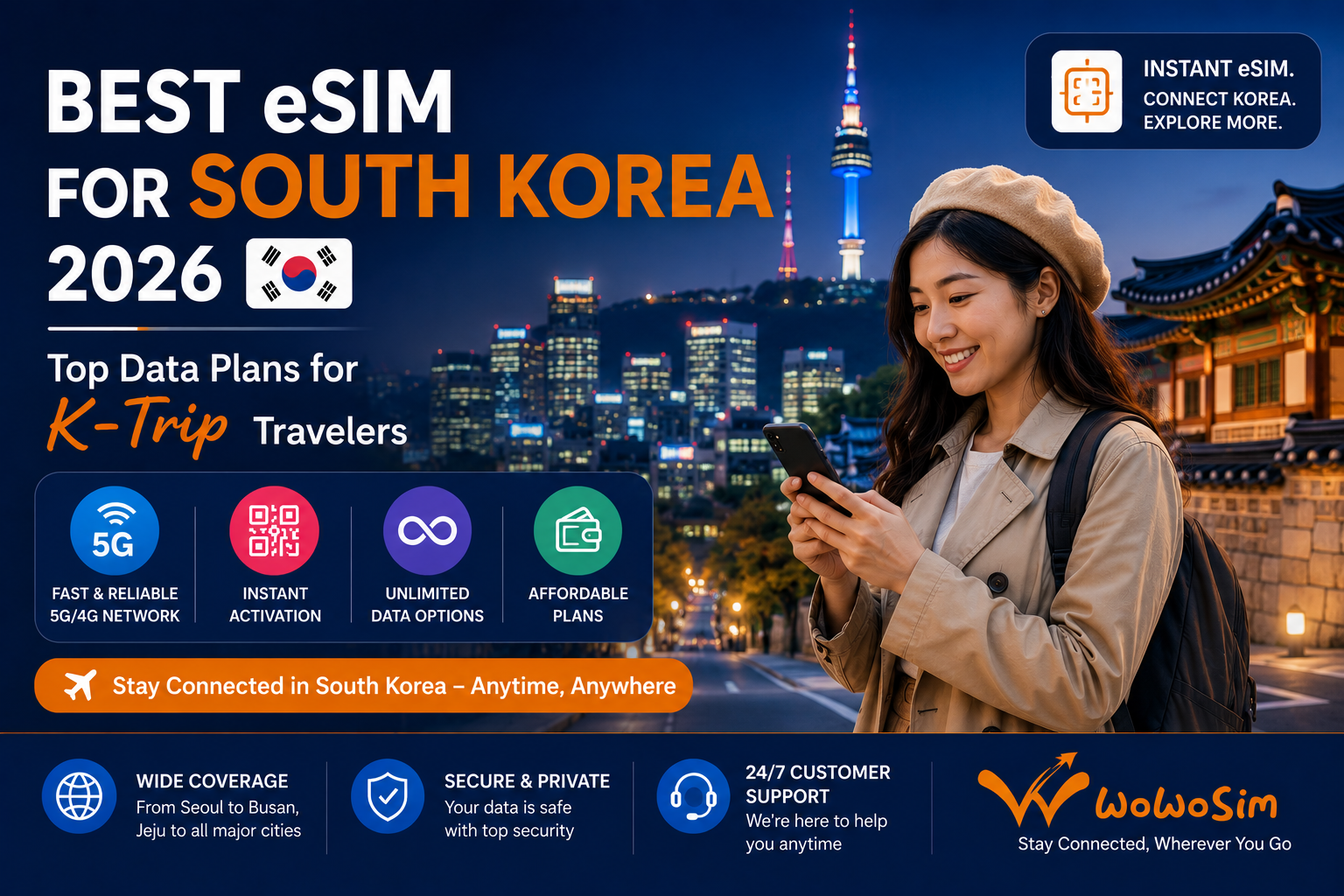 Traveler using best eSIM for South Korea 2026 while exploring Seoul's illuminated Gyeongbokgung Palace at night