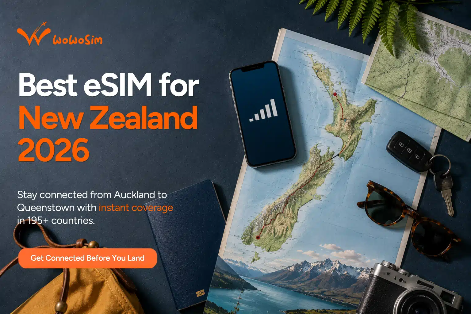 Best eSIM for New Zealand 2026 banner showing a phone with a New Zealand eSIM plan against a scenic backdrop