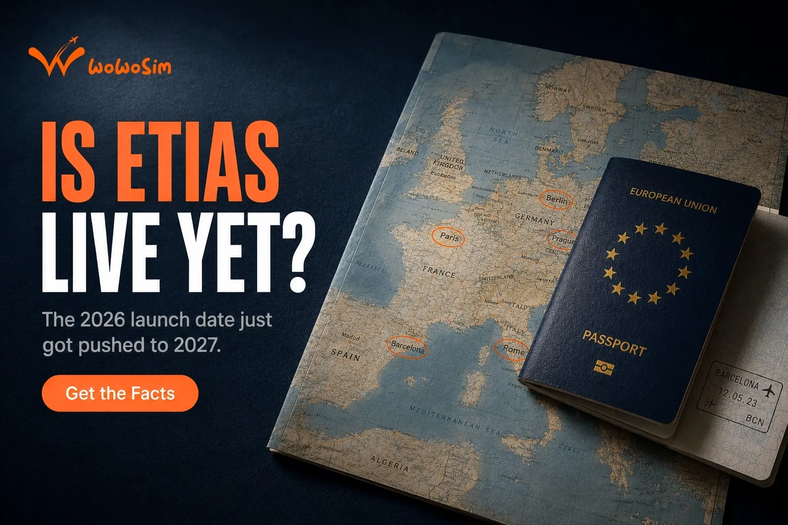 WoWoSIM banner reading Is ETIAS Live Yet, the 2026 launch date just got pushed to 2027, with a European map and EU passport