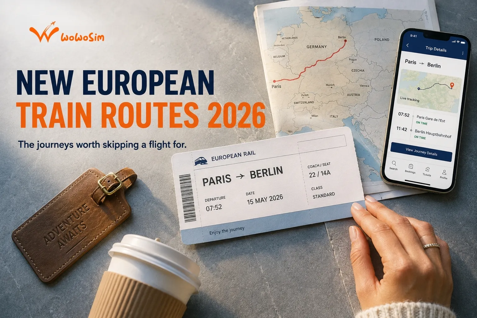Paris to Berlin European Rail ticket next to a phone showing live journey tracking, part of the new 2026 European train routes