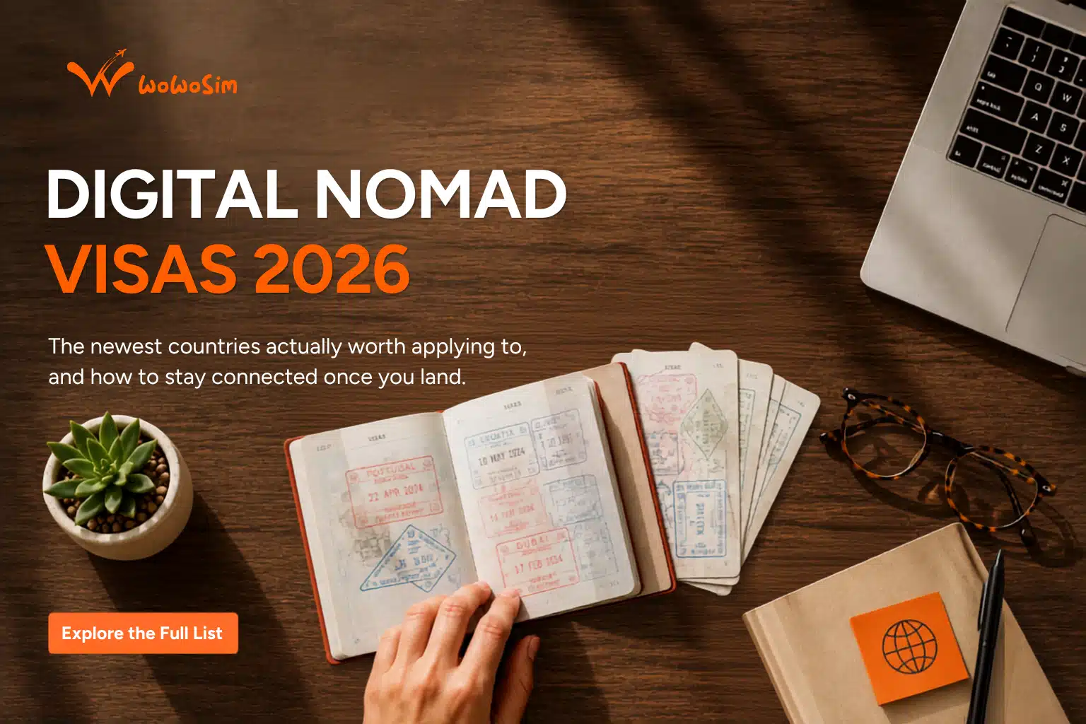 Digital Nomad Visas 2026 banner with passport stamps and laptop