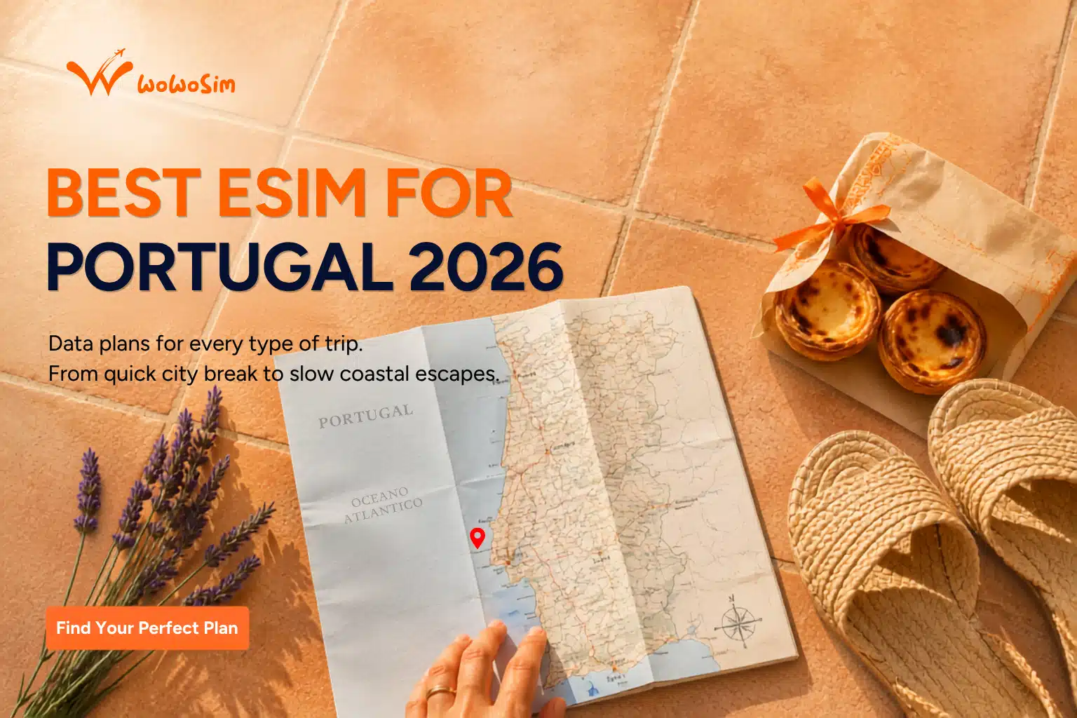 Best eSIM for Portugal 2026 banner with map, pasteis de nata, and beach sandals