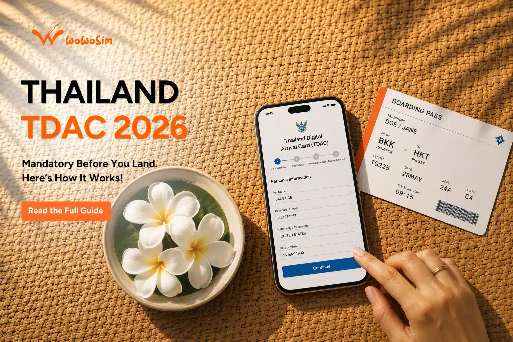 Traveler filling out Thailand's TDAC digital arrival card on a phone at the airport
