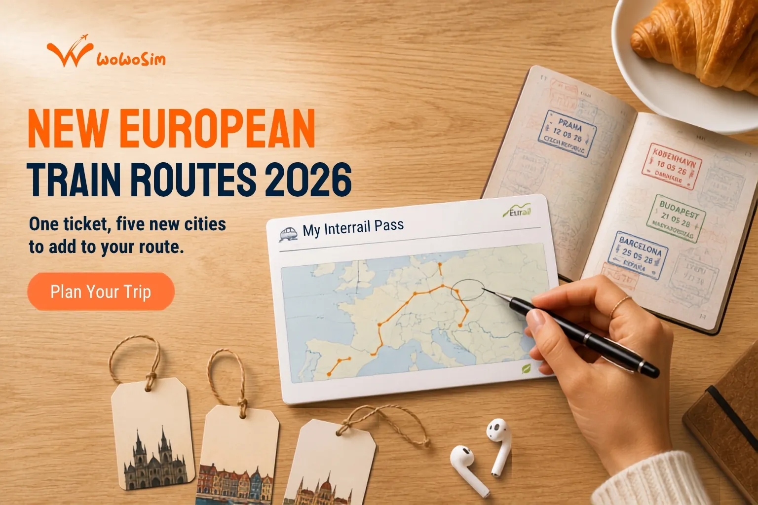 WoWoSIM banner reading New European Train Routes 2026 with an Interrail pass map and passport stamps from Prague, Copenhagen, Budapest and Barcelona