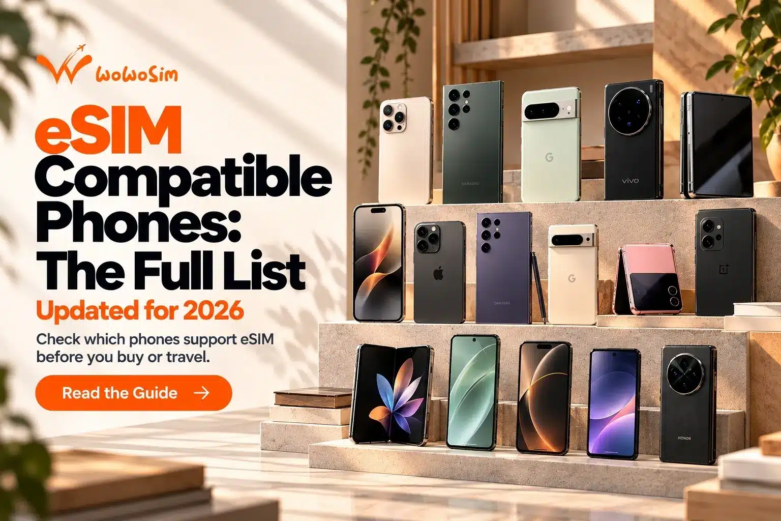 Row of phone icons with a checkmark, illustrating eSIM compatible phones for 2026