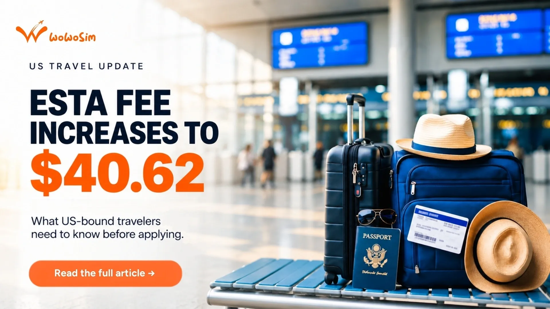Traveler holding a passport and boarding pass at a US airport check-in counter, illustrating the ESTA fee increase 2026