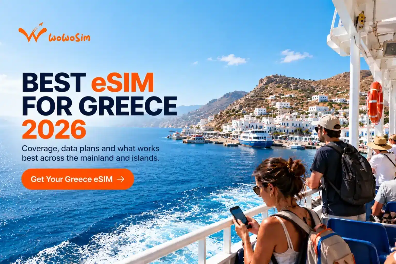 Traveler checking phone on a Greek island, illustrating the best eSIM for Greece 2026