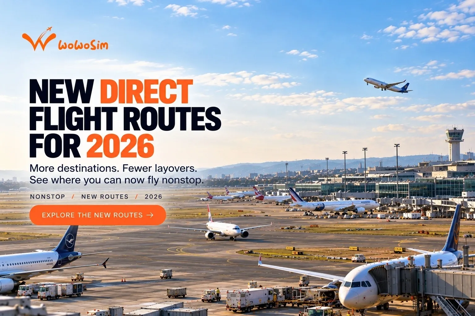 Traveler walking through an airport toward a departure gate, illustrating new direct flight routes 2026