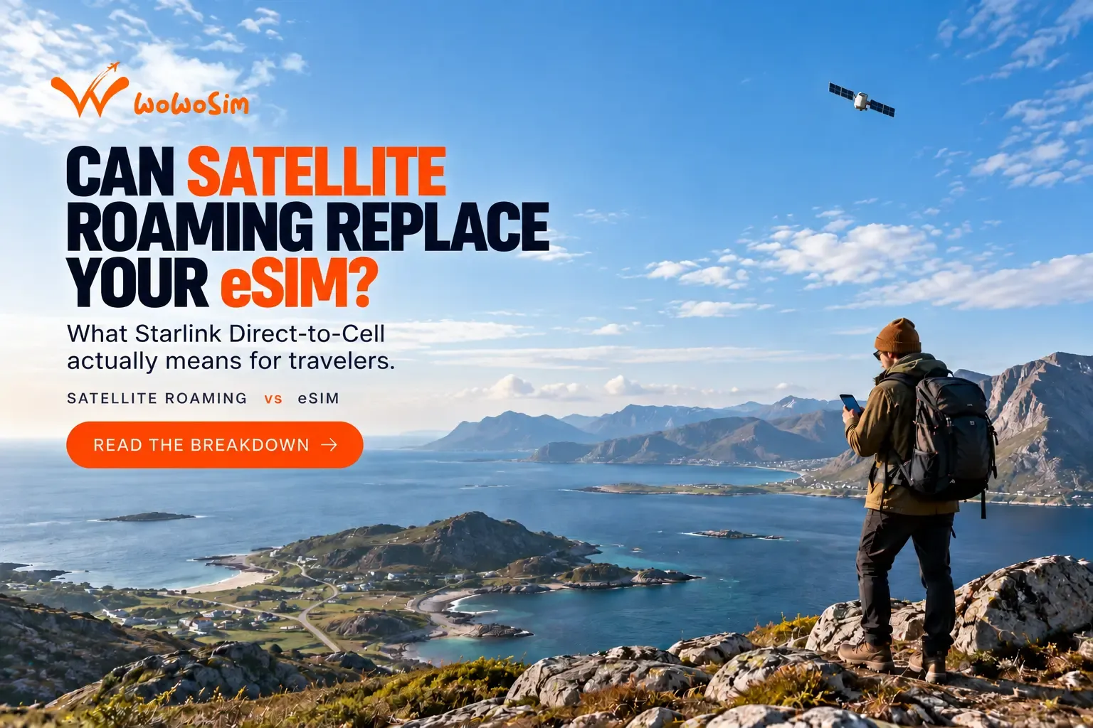Traveler checking phone under a starry sky, illustrating Starlink direct to cell for travelers