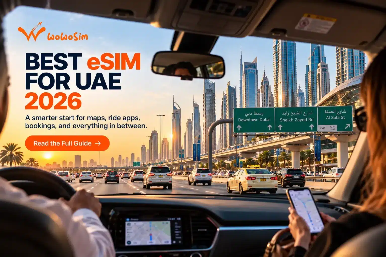Traveler checking phone with Dubai skyline behind them, illustrating the best eSIM for Dubai 2026